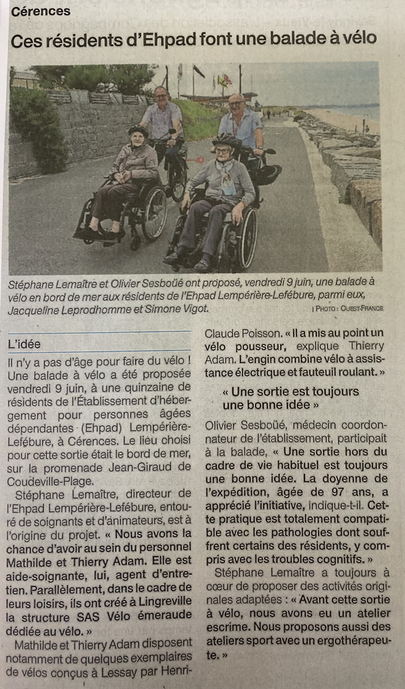 Article Presse - Sortie Vélo pour les résidant de l'EHPAD avec nos vélos PMR - Handicap